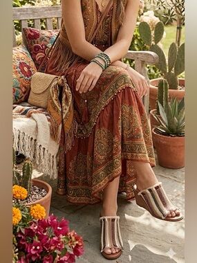 Lucky Brand Striped Woven Fringe Wedge Mules in Brown and Cream Size 8.5 Boho